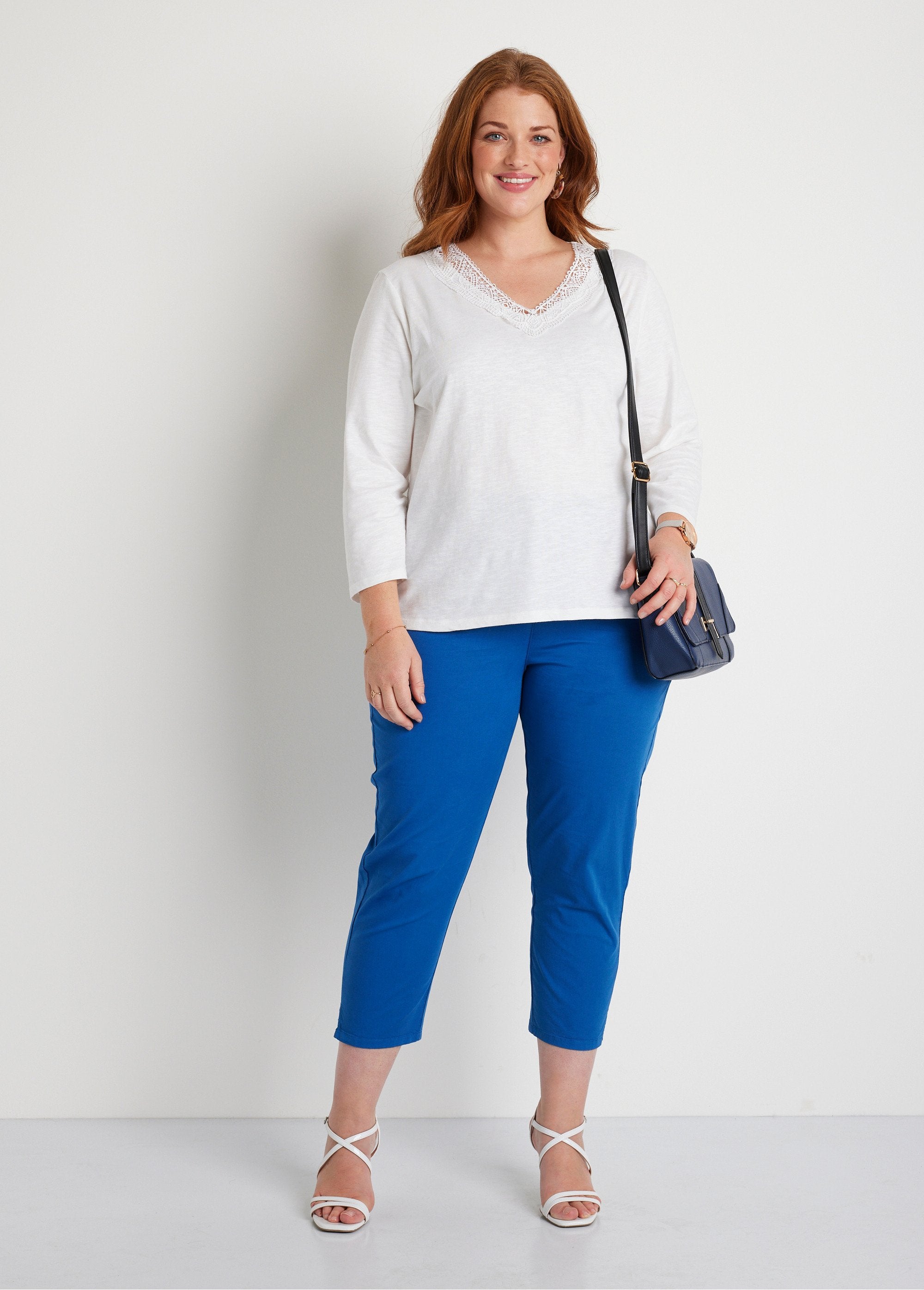 Camiseta_manga_3/4_de_algodón_y_macramé_Blanco,_Blanca_SF1_curvy