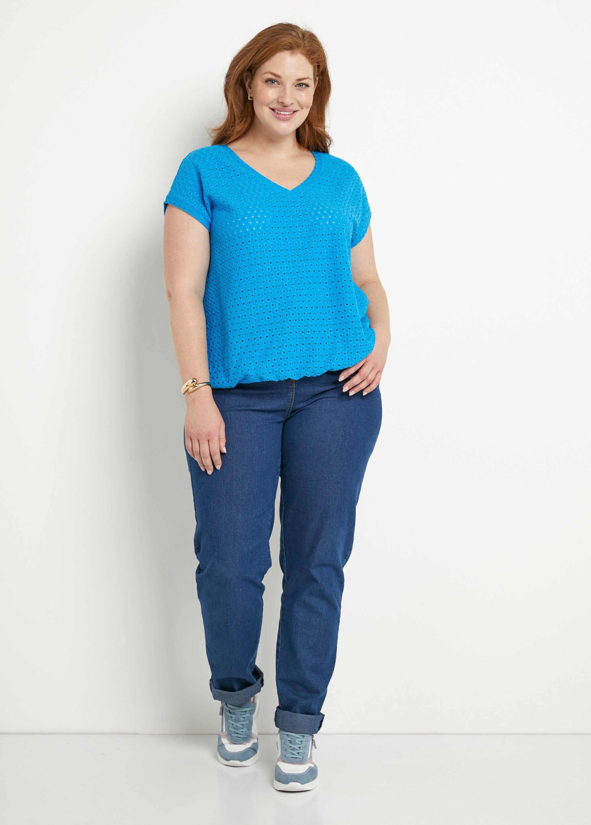 Camiseta_holgada_con_blusa_corta_lisa_de_cuello_en_V_Turquesa_SF1_curvy