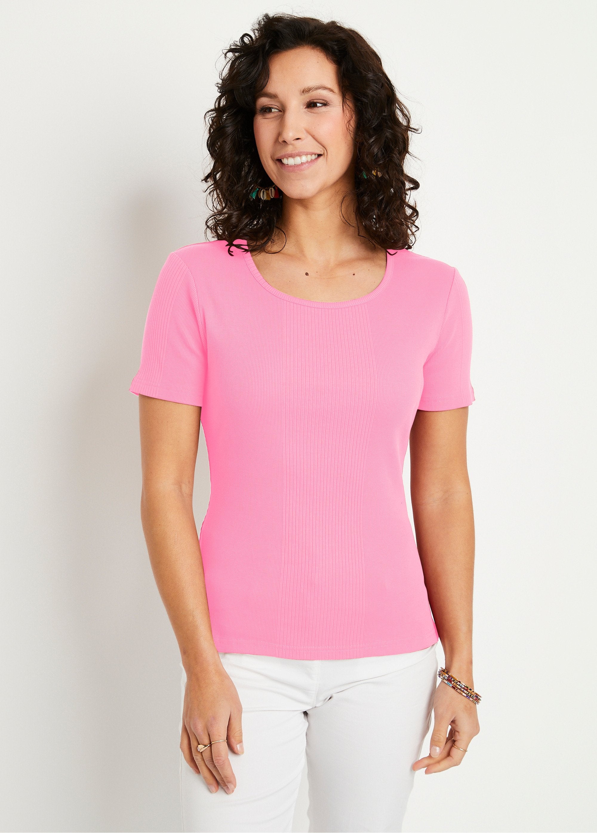 Camiseta_corta_de_punto_canalé_con_cuello_redondo_Rosa_FA1_slim