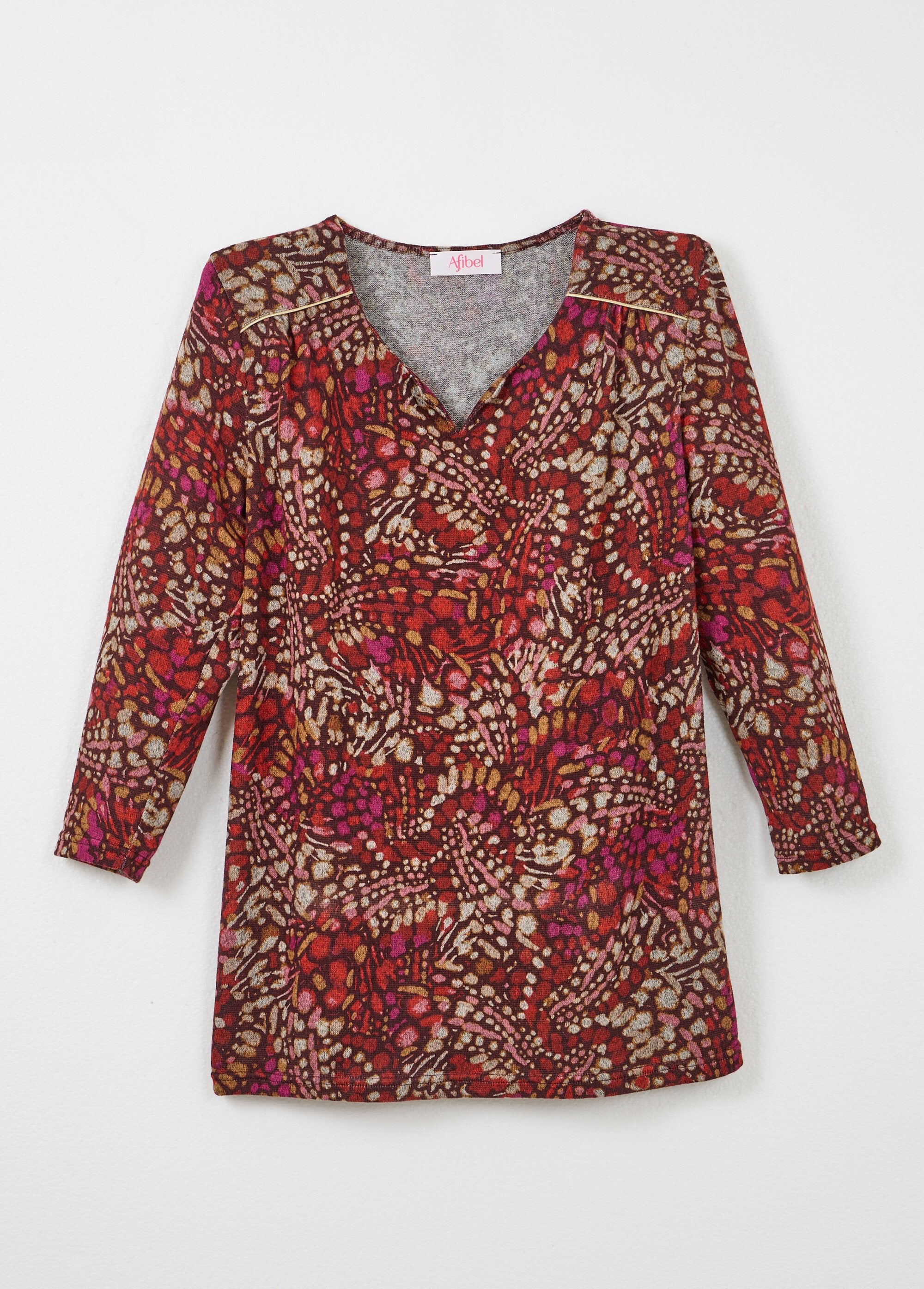 Camiseta_larga_acampanada_con_mangas_3/4_y_estampado_tachas_Burdeos_y_rosa_AP1_slim